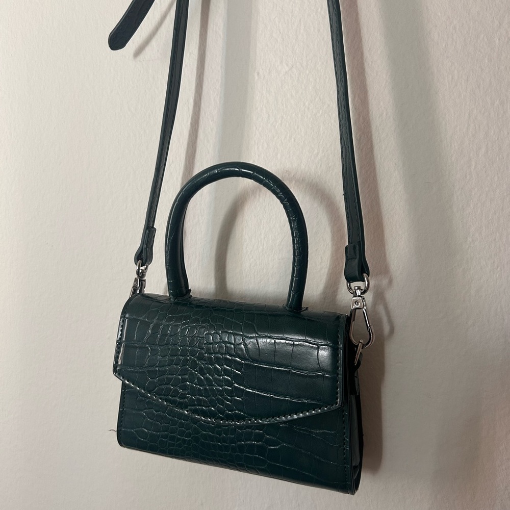 Urban Outfitters Dark Forest Green Croc-Embossed Top Handle Crossbody Snap Bag